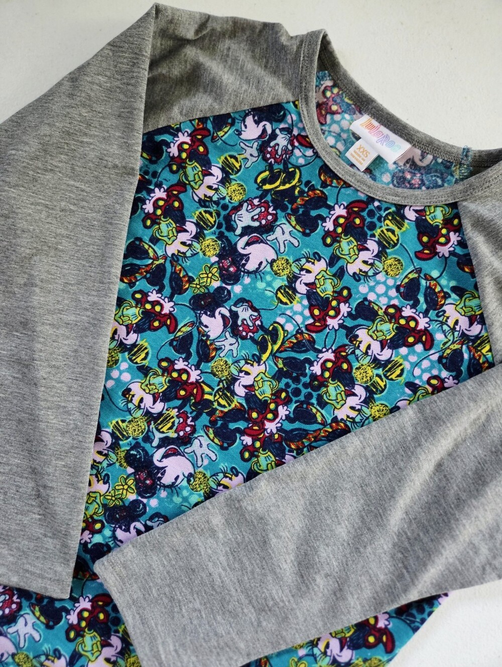 LuLaRoe Disney Randy Baseball Tee XXS NWT Minnie Mouse Teal Gray